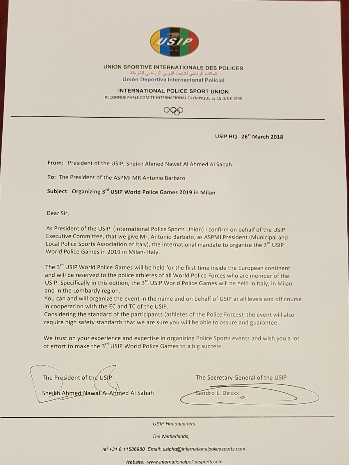 lettera mandato internazionale conferito ad Antonio Barbato per organizzate in Lombardia i campionati del mondo USIP.